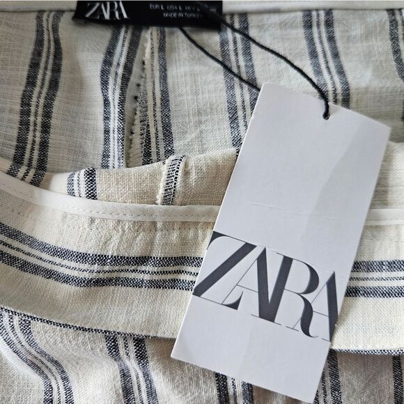 NWT Zara Cotton Linen Look Striped Ecru Button-Front High Waist Skort Skirt L - Picture 13 of 13